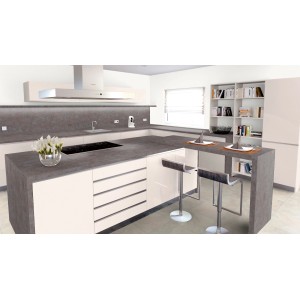 Cucina moderna con piano di lavoro in metallo Versicolour, decoro fantasy, bordo arrotondato.