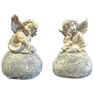 Lot de 2 figurines d'anges sur pierre, hauteur 8 cm, en polyrésine, résistantes aux intempéries, pour usage extérieur.