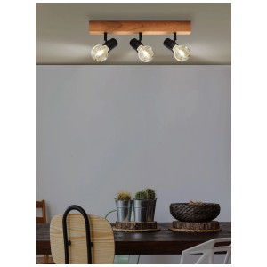 Faretto a barra Eglo Townshend a 3 luci, legno e metallo nero.