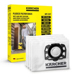 Quatre sacs filtrants polaire Kärcher blancs, résistants, pour aspirateurs eau et poussière. Emballage pour modèles WD et SE.