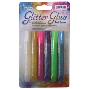 Set di colla glitter arcobaleno, 6 penne in colori arcobaleno per creazioni creative.