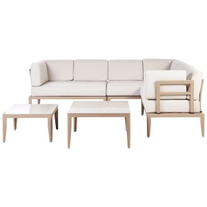 Beliani Ensemble lounge Rima III, beige clair, 3 pièces : canapé d'angle et deux tables avec plateau en verre.