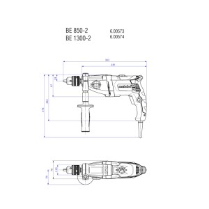 Detaillierte technische Zeichnung der Metabo Bohrmaschine BE 1300-2 mit Zusatzhandgriff und allen Maßen.