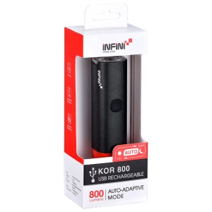 Éclairage avant Infini KOR 800, noir, avec chargement USB et mode auto pour vélos.