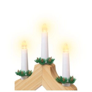 OBI Schwibbogen in legno chiaro con 3 candele LED bianco caldo, decorato con aghi di pino e pigne dorate. Decorazione natalizia.