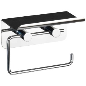 Porta carta igienica Wenko in acciaio inox lucido con ripiano per smartphone.