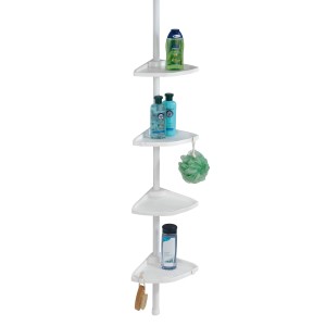 Wenko Angolo doccia telescopico Compact, alluminio, bianco, con quattro ripiani e vari utensili da bagno.