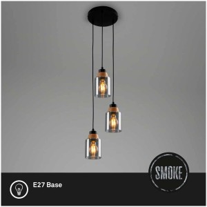 Lampada a sospensione Briloner con tre paralumi in vetro fumé e dettagli in legno. Lampada a sospensione moderna.