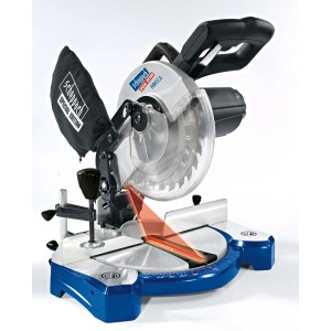 Scie à onglet Scheppach HM80L avec laser, base bleue et sac à poussière.