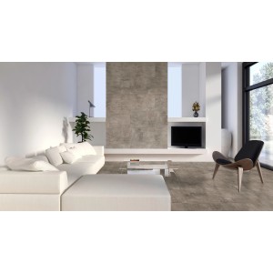 Salon avec panneaux décoratifs Classen Neo Vario Marron aspect pierre au mur et au sol.
