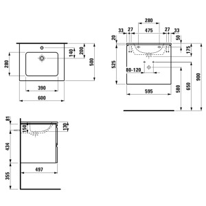 Schéma technique : Laufen Pro S, plan vasque, chêne clair, 60 cm, avec dimensions pour ensemble de meubles de salle de bain.
