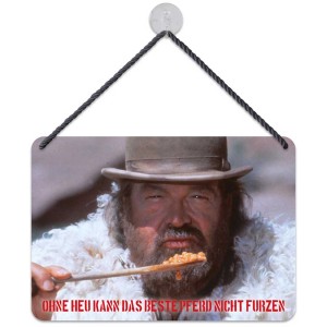 Panneau en métal avec motif Bud Spencer et la phrase 'Sans foin, le meilleur cheval ne peut pas péter'.