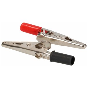 Due clip a coccodrillo, rossa e nera, per connessioni elettriche.