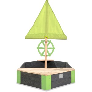 Cassa di sabbia in legno EXIT Aksent grigia a forma di barca con vela e timone.