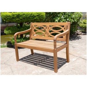 Banc de jardin Victoria en acacia, couleur teck, avec dossier incurvé.