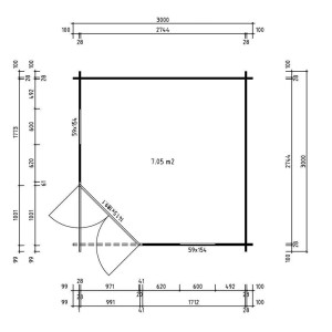 Layout casetta da giardino Alpholz Liwa Compact, 300x300 cm, marrone, con dimensioni e posizioni finestre/porte.