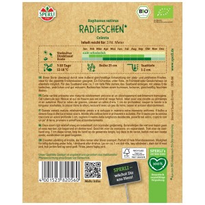 Ruban de graines de radis Celesta bio Sperli, 3m. Sachet de graines de radis avec des informations sur la culture et la récolte.