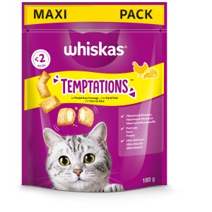 Whiskas Temptations Huhn & Käse, Megapack mit Katzenleckerlies im lila Beutel.