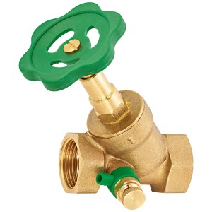 Robinet à siège incliné en laiton 30,3 mm (Rp 1) avec volant vert pour réguler le débit.