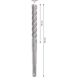Punta da trapano a percussione Bosch SDS plus-5X, Ø 12x100mm, per calcestruzzo. Punta argentata con misure.