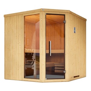 Sauna d'angle Weka Varberg avec porte en verre, fenêtre et ensemble d'éclairage de sauna. Incl. poêle 7,5 kW.