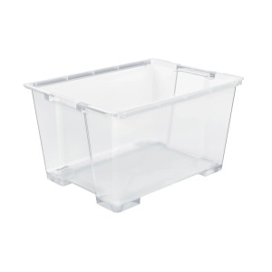 Transparente Rotho Evo Easy Aufbewahrungsbox 140 l mit Griffen für vielseitige Lagerung.