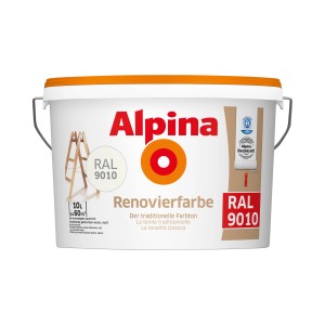 Seau de peinture de rénovation Alpina RAL 9010 Blanc, 10 litres, pour murs et plafonds.
