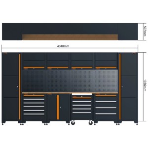 Sistema di armadi CarTech in acciaio antracite, 16 pezzi, 195,5x404x50,7 cm per officina.
