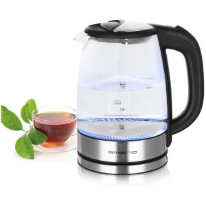 Bollitore in vetro Emerio, cromo/nero, 1,7 l, con indicatore di livello e tazza di tè.