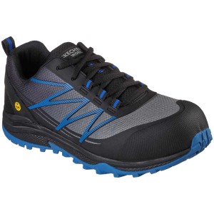 Chaussure de sécurité Skechers Work Puxal S1 P en noir/gris/bleu, chaussure de travail avec embout.