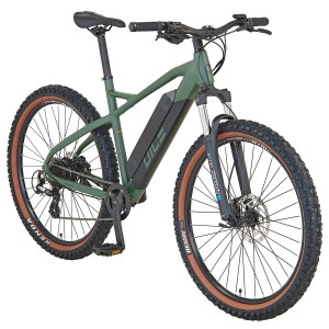 VTT électrique Prophete Dice 1.0 bronze vert mat, 27,5 pouces. VTT électrique semi-rigide avec moteur arrière.