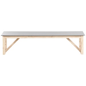 Banc de jardin Notteri rustique avec assise en béton gris et piètement luge en bois d'acacia, 180 cm.