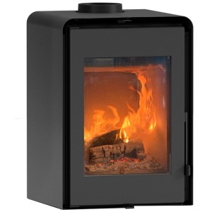 Poêle à bois noir Ecofox Modula 8 avec bois brûlant dans le foyer.