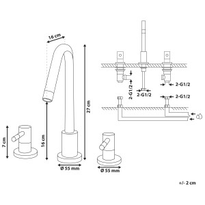 Schizzo di un miscelatore per lavabo a 3 fori Sipi in ottone argentato con dimensioni.