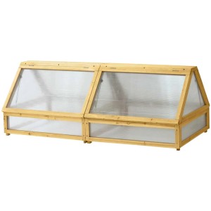 Serra a tunnel per letto rialzato VegTrug, telaio in legno con pannelli in plastica trasparente.