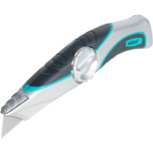 Coltello professionale Wolfcraft con lama trapezoidale e lama fissa, argento con manico nero.