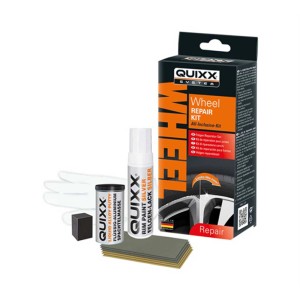 Kit riparazione cerchi Quixx con pennarello, stucco, carta vetrata e guanti per la riparazione dei cerchi in lega.