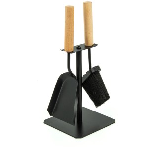 Set d'outils de cheminée noir Valo Trondheim, 2 pièces avec pelle et brosse, manches en bois.