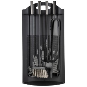 Serviteur de cheminée Nouvel Flamme noir, 5 pièces avec support, pelle, brosse, pince et tisonnier.
