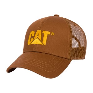 Casquette de travail bronze Cat Cap Raised Logo Mesh avec logo Cat jaune et filet.