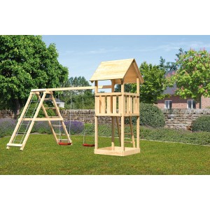 Aire de jeux Karibu Lotti avec balançoire double et structure d'escalade en bois dans le jardin.