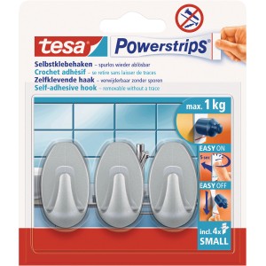 Tesa crochets adhésifs chromés mats ovales, lot de 3 avec Powerstrips. S'enlèvent sans trace, supportent jusqu'à 1 kg.