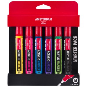 Amsterdam Acrylmarker Set, 6 Farben: Acrylfarben für Anfänger in Gelb, Pink, Blau, Violett, Grün und Schwarz.