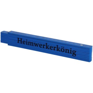 Blauer Gliedermassstab 2 m mit Aufschrift, zusammengeklappt. Messwerkzeug für Heimwerker.
