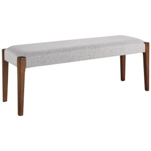 Banquette de lit Beliani Elyria, tissu gris, pieds marron foncé. Tabouret design rétro.