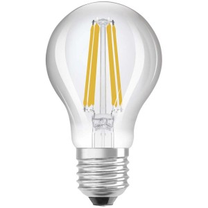 Lampadina LED Osram, E27, 7.2W, bianco caldo. Vetro trasparente, filamenti visibili.