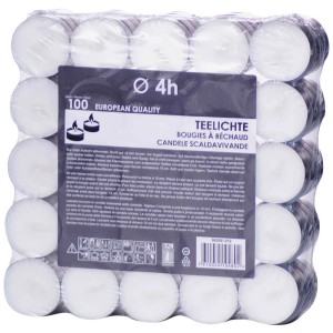 Lot de bougies chauffe-plat, 100 pièces, durée de combustion 4 heures, bougies blanches en coupelles aluminium.