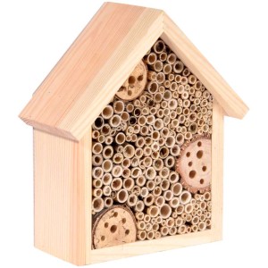 Hotel per api Willi in legno, luogo di nidificazione per api selvatiche con canne e rametti.
