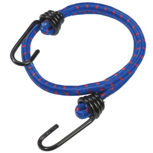 Cinghia portapacchi blu con dettagli rossi e due ganci tondi neri.
