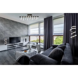 Lampadaire LED moderne Näve Belleza, 140 cm, dans un salon avec un plafonnier assorti.